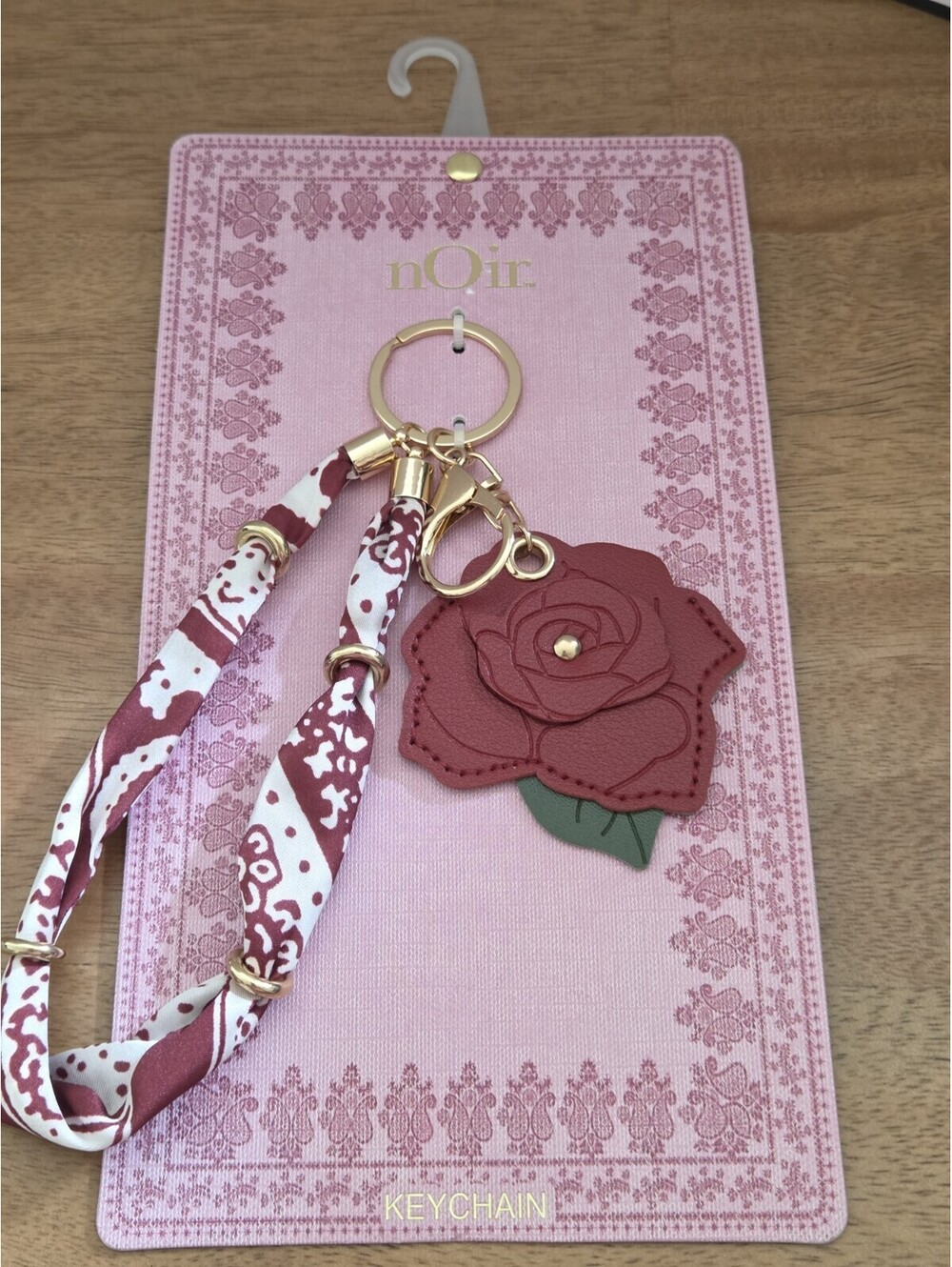 Noir Red Floral Rose Keychain Wristlet Strap Gold Tone NWT